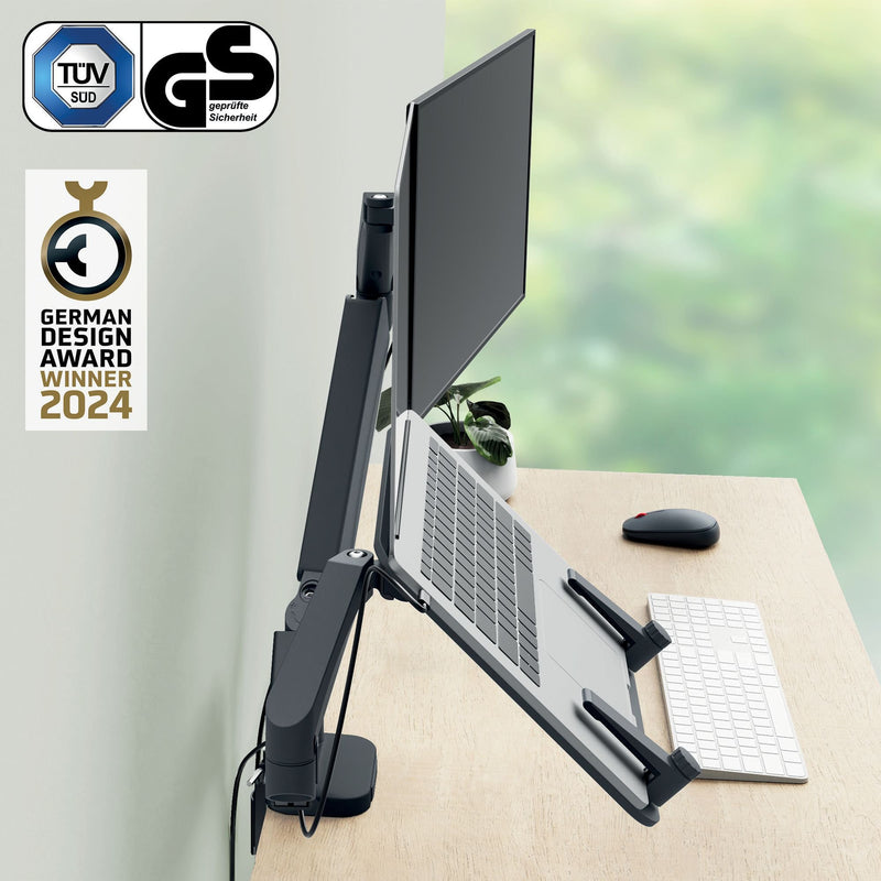 Leitz Ergo Space Saving Dual Monitor & Laptop Arm, Dark Grey