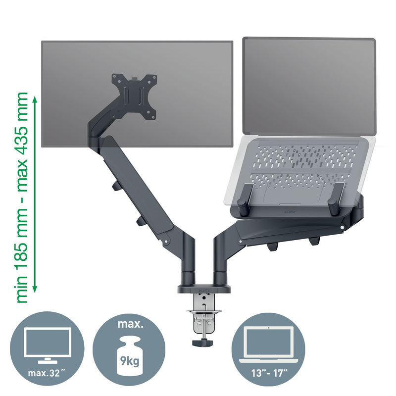 Leitz Ergo Space Saving Dual Monitor & Laptop Arm, Dark Grey