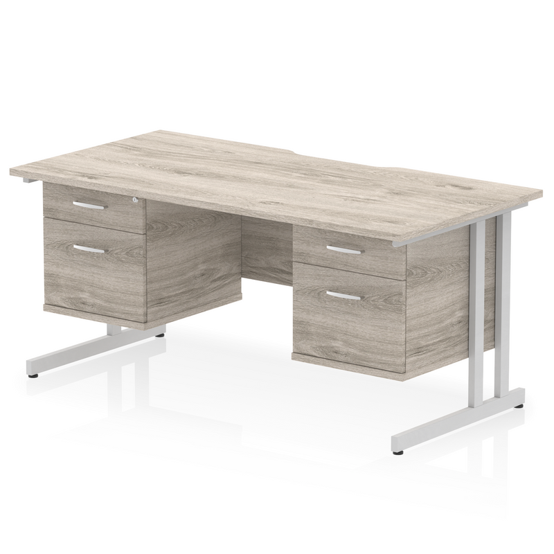 EQUINOX Cantilever Rectangular Desk, Double Pedestal, 1600mm, GREY OAK