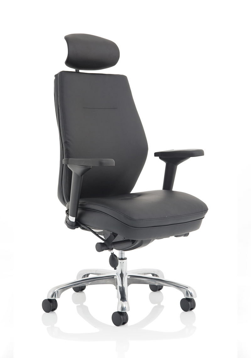 Domino High Back Black Posture Chair with Arms and Headrest - Black Leather