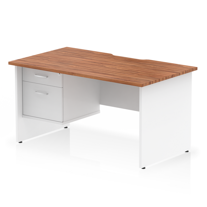 EQUINOX Panel End Rectangular Desk, Single Pedestal,1400mm, WALNUT & WHITE