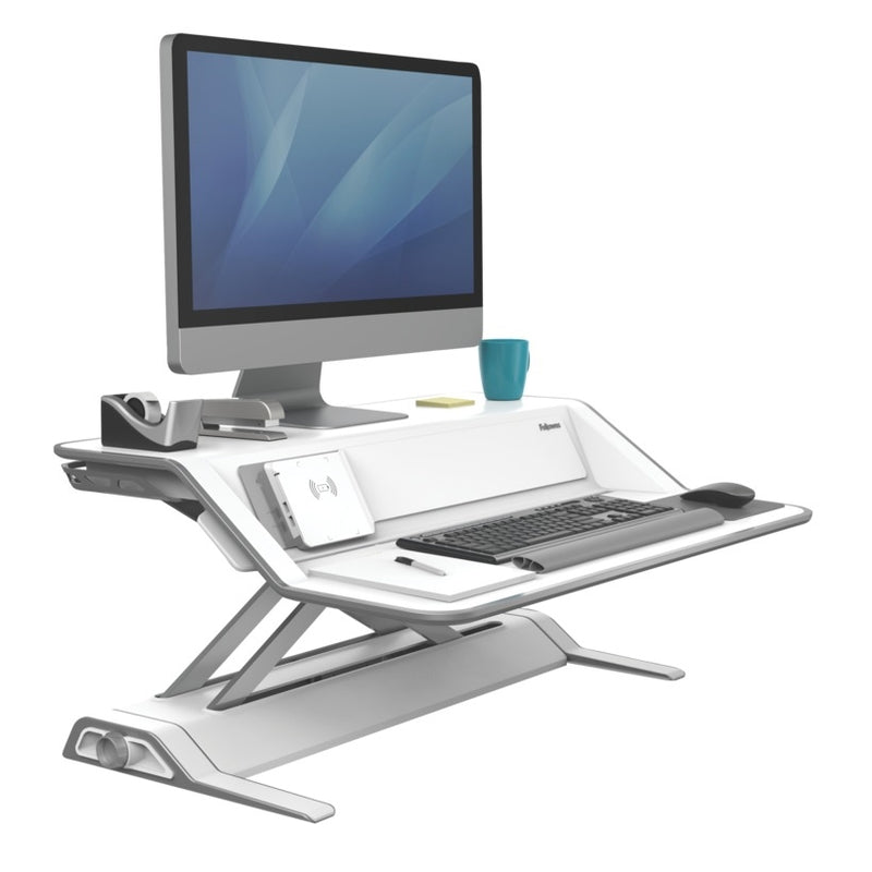 Fellowes Lotus™ DX Sit-Stand Workstation / Desk Convertor - White: With USB Ports & Wireless Charging
