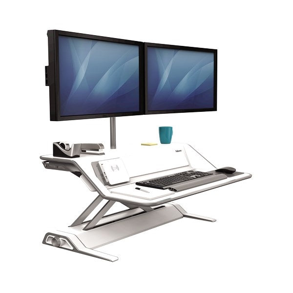 Fellowes Lotus™ DX Sit-Stand Workstation / Desk Convertor - White: With USB Ports & Wireless Charging