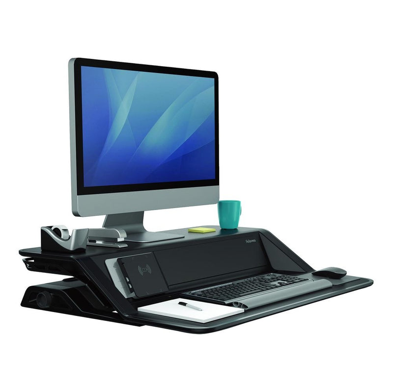 Fellowes Lotus™ DX Sit-Stand Workstation / Desk Convertor - Black: With USB Ports & Wireless Charging