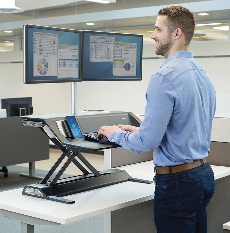 Fellowes Lotus™ DX Sit-Stand Workstation / Desk Convertor - Black: With USB Ports & Wireless Charging